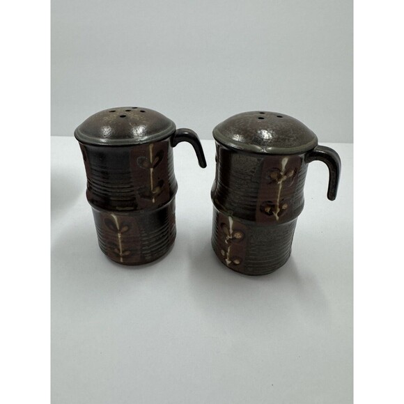 Japan Art Pottery Salt Pepper, 2 Jam Jars W/ Spoons MCM Boho Wood Pedestal Raku - Picture 6 of 12